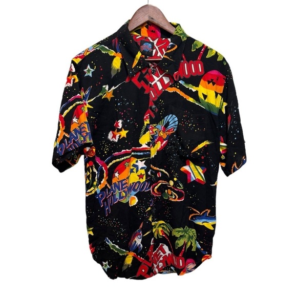 Vintage 90s Planet Hollywood Space Neon Aloha Hawaiian Shirt Small Rainbow - Picture 1 of 14